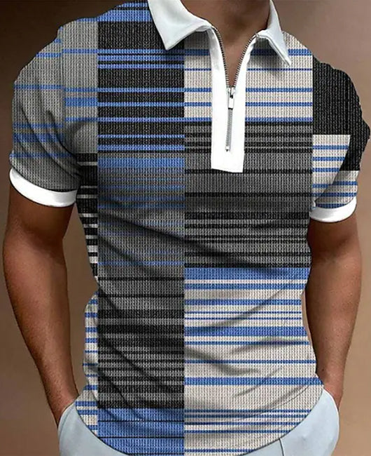 Casual Contrast Color Geometry Lapel Collar Zipper Short Sleeve Polo Shirt